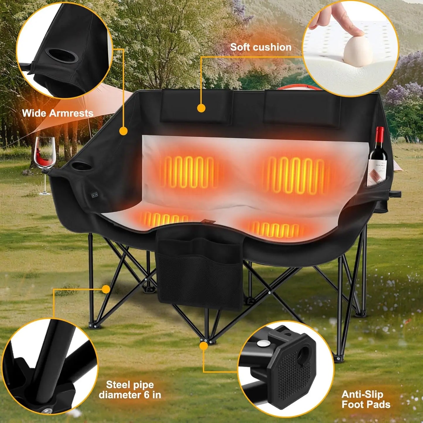 Heated Folding Camping Chair, 3 Heat Levels, Dual Switches, Supports 550 lbs