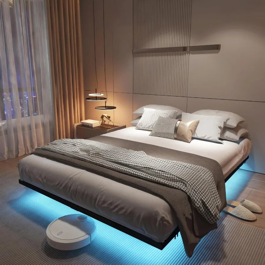 Floating Bed Frame Size with Charging Station and LED Lights, Metal Platform Bed Frame, 1000 lbs Capacity, No Box Spring Needed