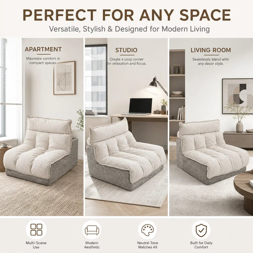 High Density Foam Bean Bag Chair Double Layer Chenille Lazy Sofa Ergonomic Tiered Back Support Compact Single Sofa for Living Room Apartment