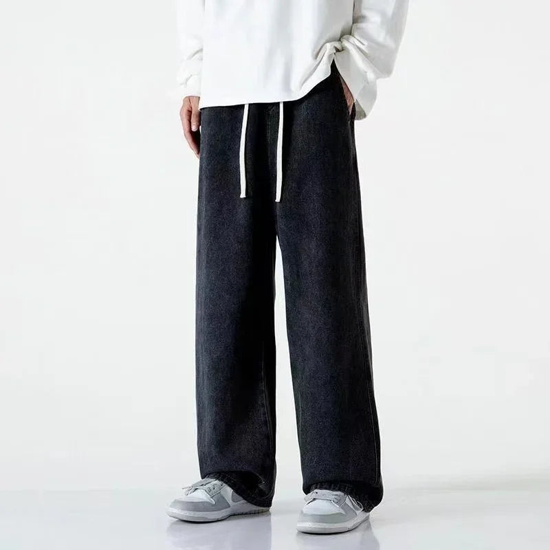 2022 New Streetwear Loose Jeans Men Korean Style Fashion Loose Straight Wide Leg Pants Men's Brand Clothing Black Light Blue