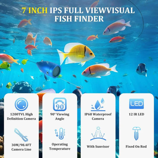 Fishing Camera, 7 IPS Monitor, Infrared Night Vision, 98ft 30M Cable Fish Finder Waterproof Portable Fish Camera for Ice, Lake,