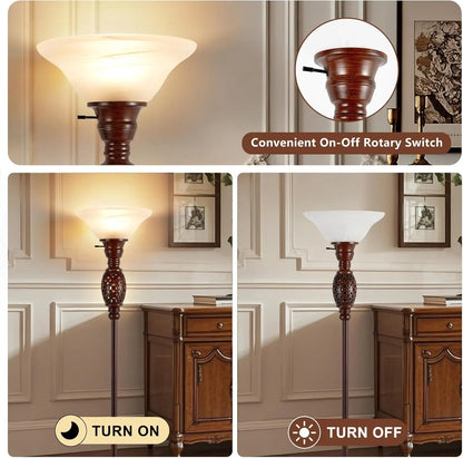 70' Victorian Torchiere Floor Lamp with Night Light, Rotary Switch & Etched Glass Shade, Retro Standing Lamp for Living Room, Be