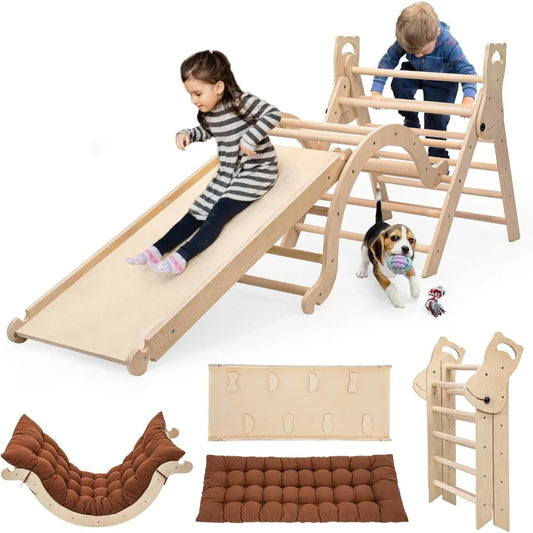 Large Foldable Toddler Climbing Toys Indoor Jungle Gym Pikler Triangle Set with Cushion Slide and Arch 7in1 Montessori Climbing