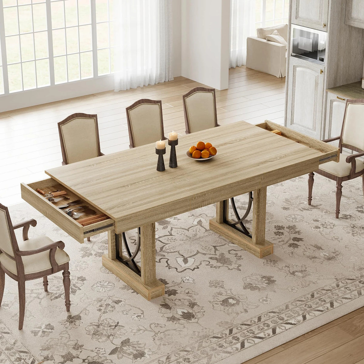 71 Inch Dining Table For 6-8, Large Rectangular Kitchen Table With 2 Storage Drawers, Double Pedestal Wood Table For Dining Room