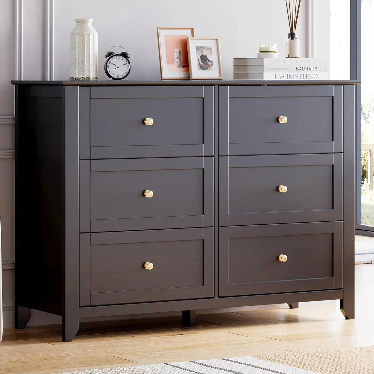 6 Drawer Dresser for Bedroom, Simply Modern Chest of Drawers, Wood Storage Double Dresser with Deep Drawers for Living Room, Hallway Entryway