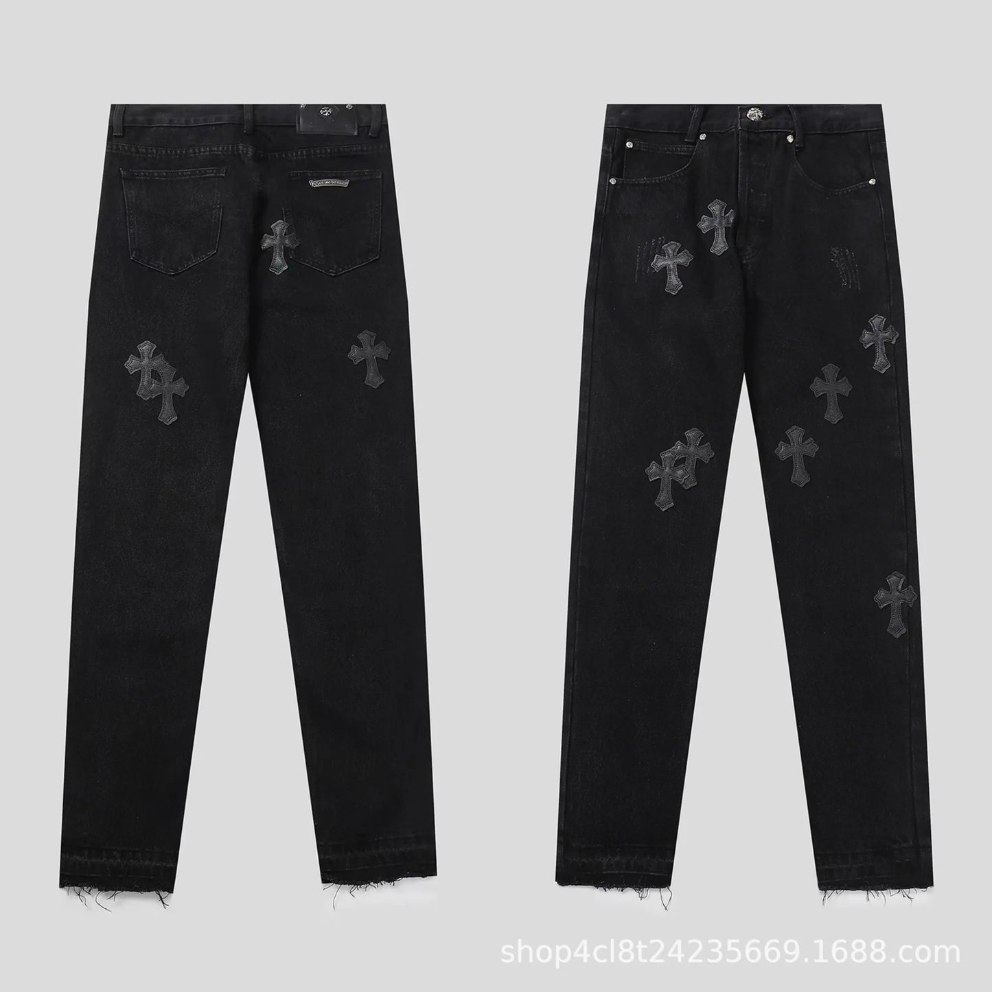 Classic Luxury Brand Men Women Leather Jeans Totem Patch Casual Pants Fashion Metal Embellished Couple Wear 2025