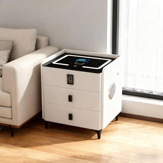 Bedroom LED Nightstand with Charging, Security Code, Wireless Charging, Bluetooth Speaker & USB Port (White)