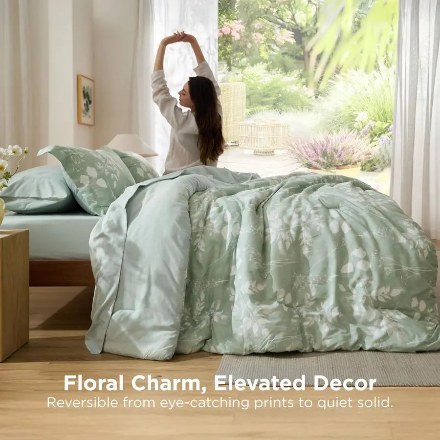 Queen Comforter Set 7 Pieces Floral Sage Green GentleSoft Bedding Sets, Queen Bed in a Bag with Botanical Flowers Winter Comfort