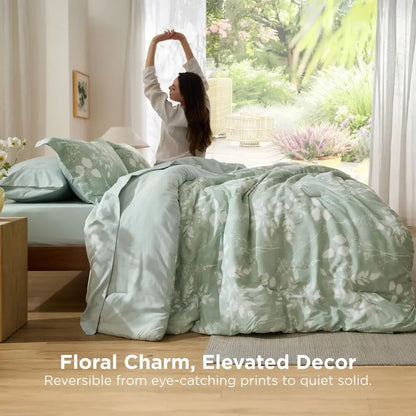 Queen Comforter Set 7 Pieces Floral Sage Green GentleSoft Bedding Sets, Queen Bed in a Bag with Botanical Flowers Winter Comfort