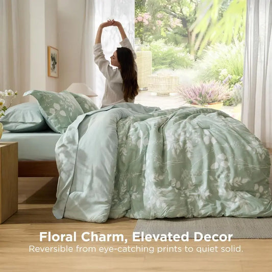 Queen Comforter Set 7 Pieces Floral Sage Green GentleSoft Bedding Sets, Queen Bed in a Bag with Botanical Flowers Winter Comfort