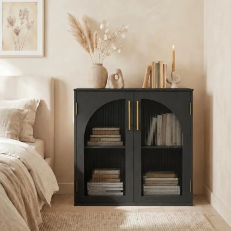 31.5 Glass Door Buffet Cabinet with Storage, Modern Double Arched Sideboard Cabinet for Living Room Dining Room Entryway, Coffe