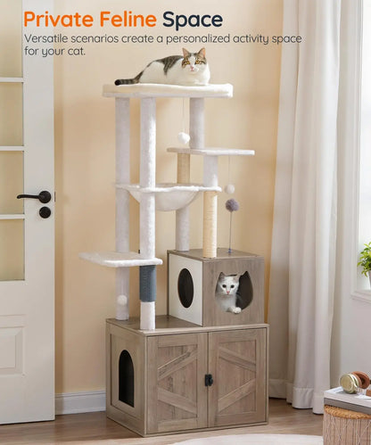 Tall Cat Tree with Hidden Litter Box, Multi-Level Play Tower for Indoor Cats, Sisal Posts and Cozy House