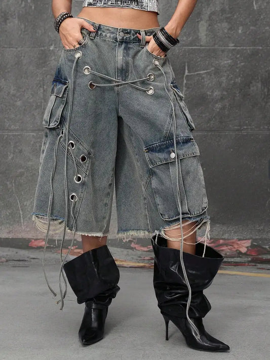 Grunge Punk Women's Distressed Loose Low Waist Denim Capri Pants with Lace-Up Detail