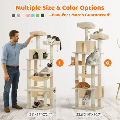 81 Inches Cat Tree Tower with Oversized Hammock&Perches, Two Condos, XL Extra Large Condo with 7 Scratching Posts for Large Cats