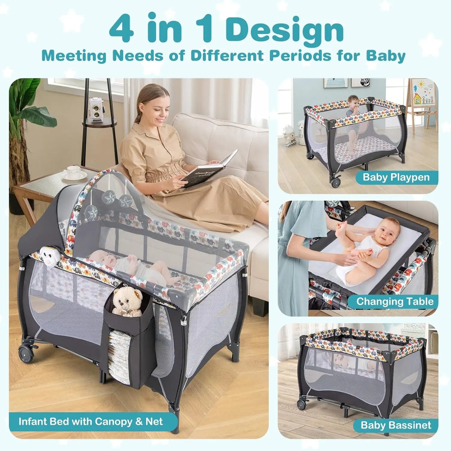 4-in-1 Portable Baby Playard with Bassinet, Changing Table, Lockable Wheels & Music, Foldable Travel Crib for Newborn to Toddler