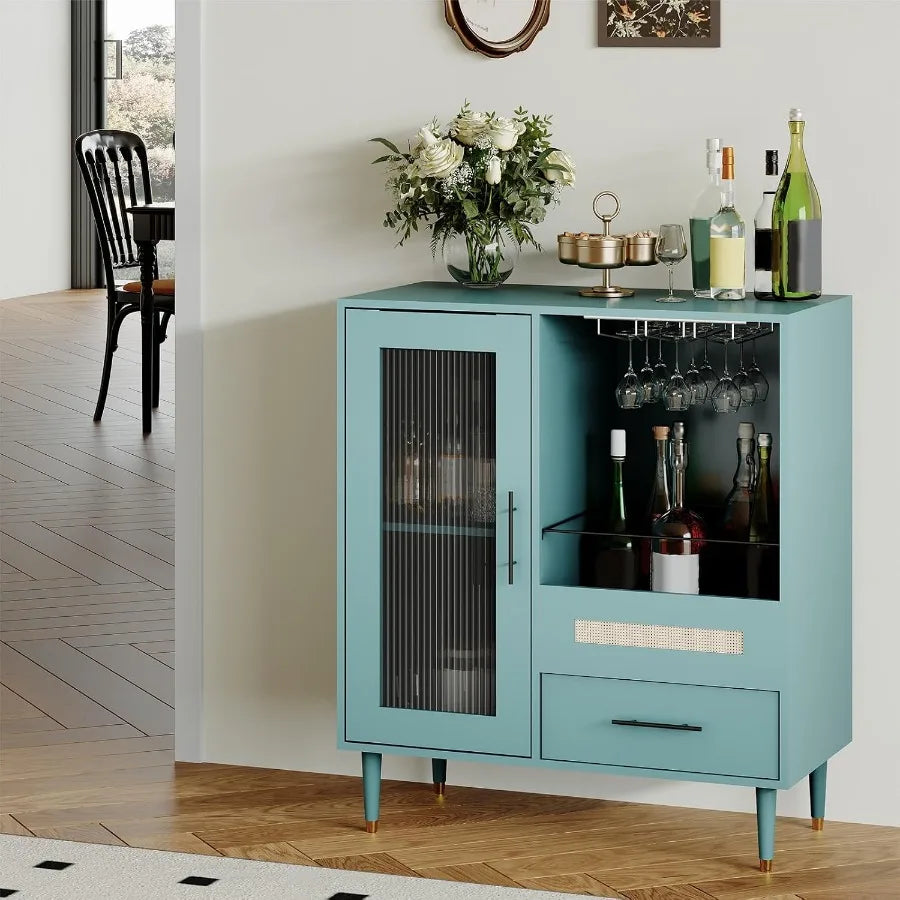 Wine Bar Cabinet with Tempered Glass Door, Wine Rack, Glass Holder and Drawers, Modern Liquor Cabinet with Storage, Freestandin