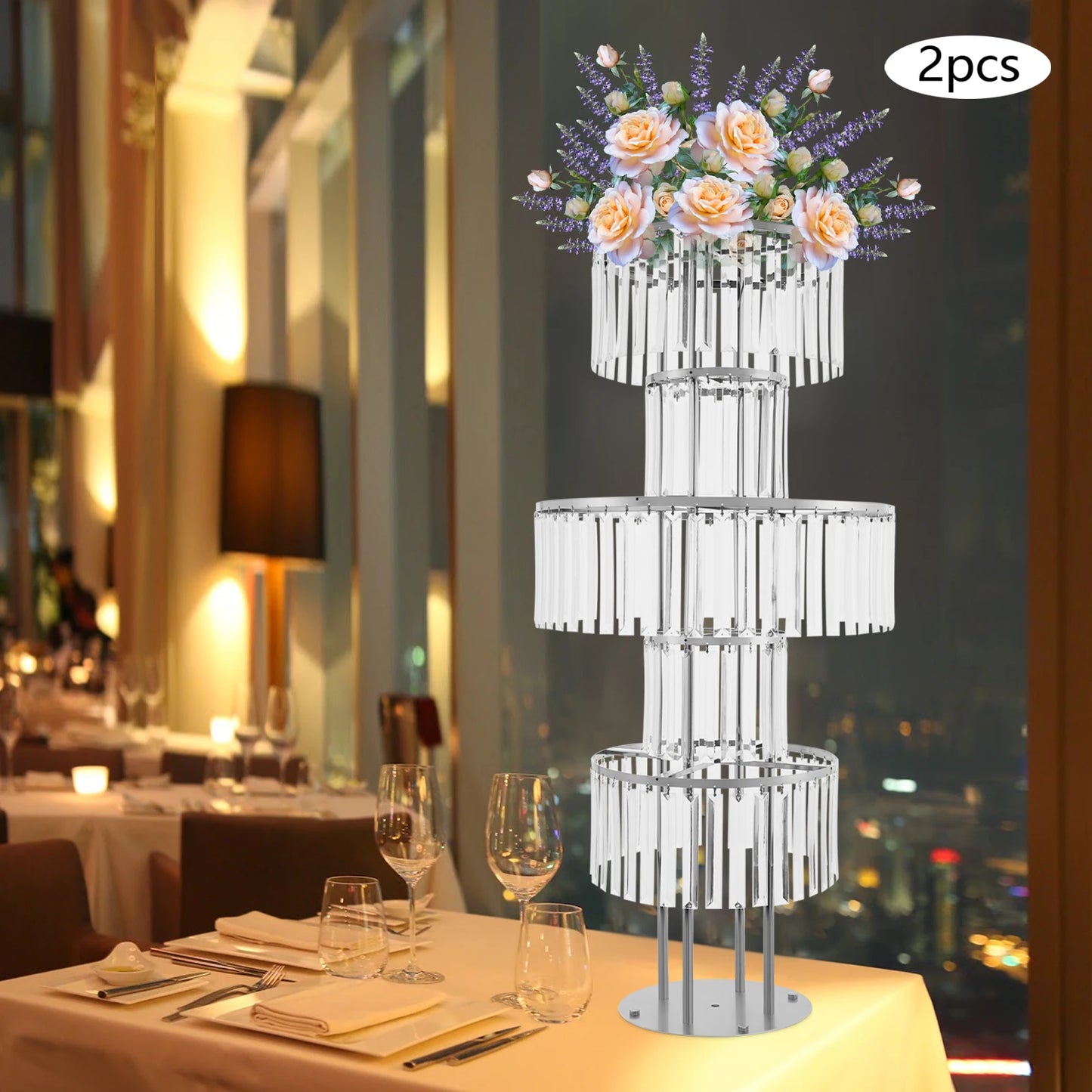 5-Tier Flower Stand, Crystal Vases, Set of 2 Iron Acrylic Clear Silver Wedding Party Home Decor Floor Tabletop Decor