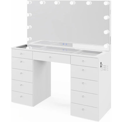 Orla - Glass Top Large Vanity Desk w/Bluetooth Speaker, 12 Hollywood Lights, 11 Drawers, Crystal Knobs, USB Type-C & Type-A Por