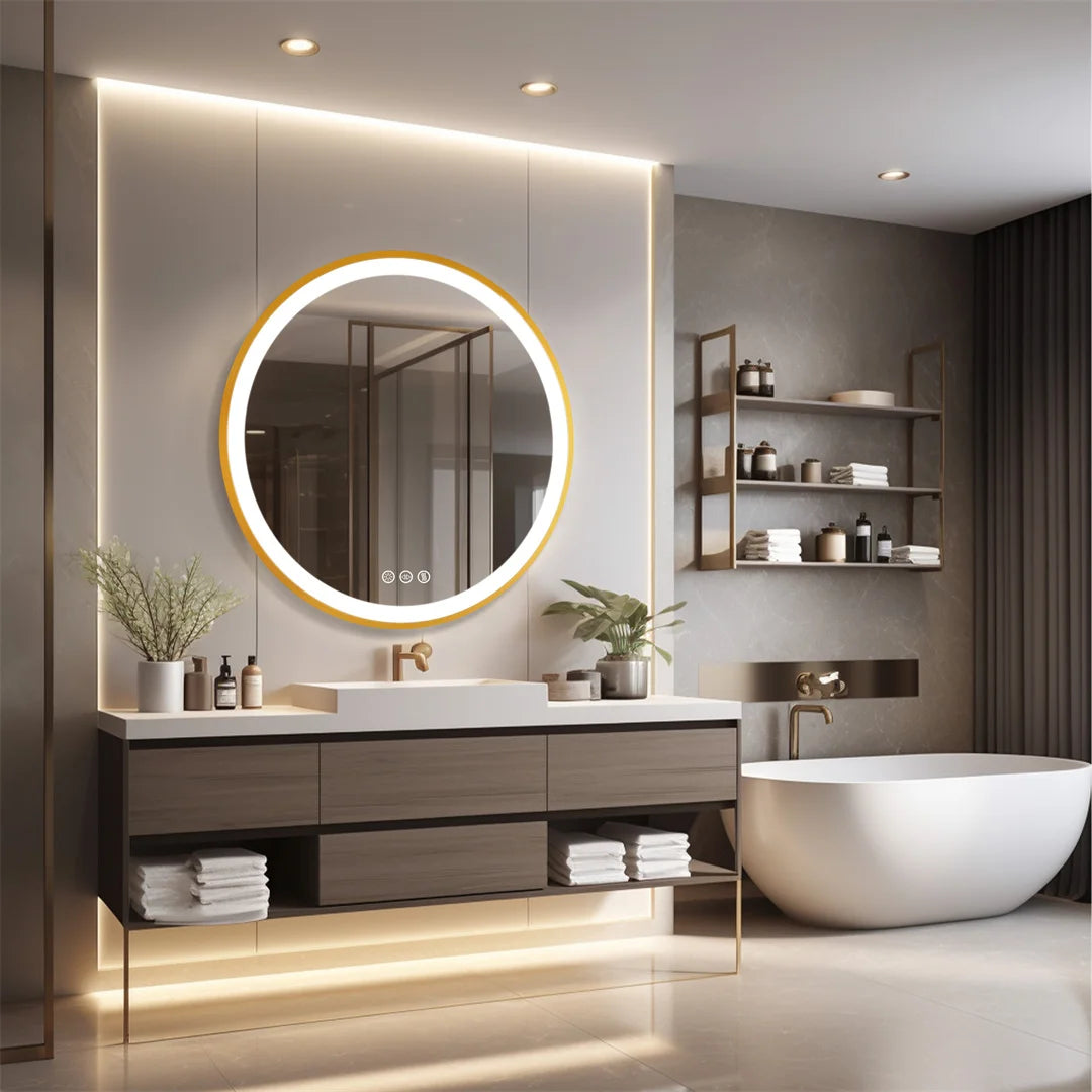 LUVODI 32 inch Gold Frame Round Bathroom Mirror with Dimmable LED Lights Wall Vanity Mirror 3 Colors Anti-Fog Smart Mirror