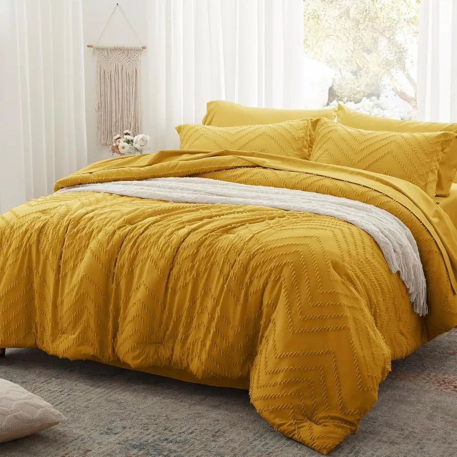 Queen Comforter Set Mustard Yellow Tufted Bed in a Bag 7 Pieces with Sheets All Season Bedding Sets 1 Comforter 2 PillowShams P
