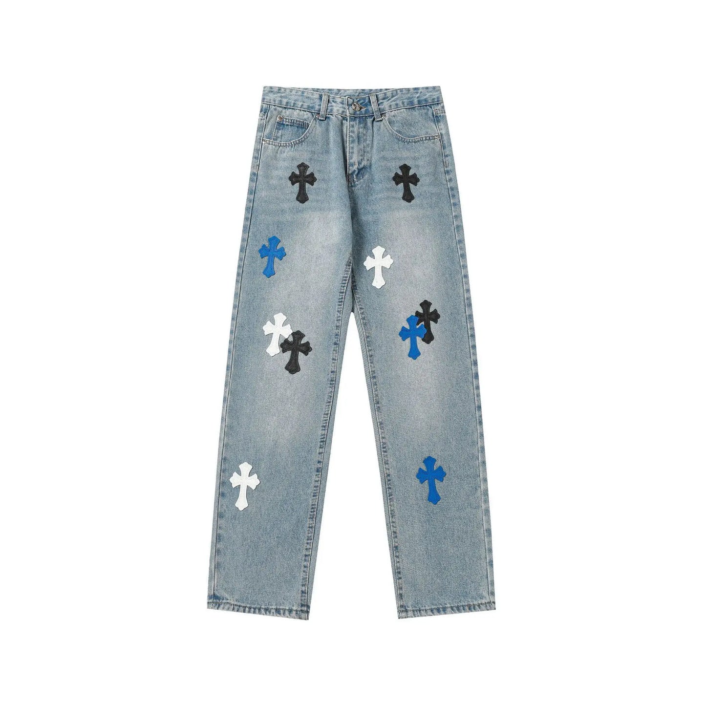Classic Luxury Brand Men Women Leather Jeans Totem Patch Casual Pants Fashion Metal Embellished Couple Wear 2025