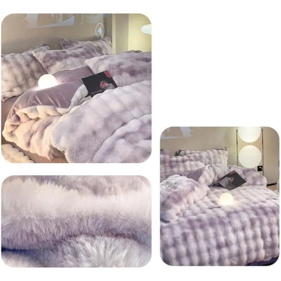 Queen Size Purple Fluffy Plush Shaggy Bedding Set 4 Pieces Super Soft Thick Winter Reversible Duvet Cover Set with 1 Duvet Cove