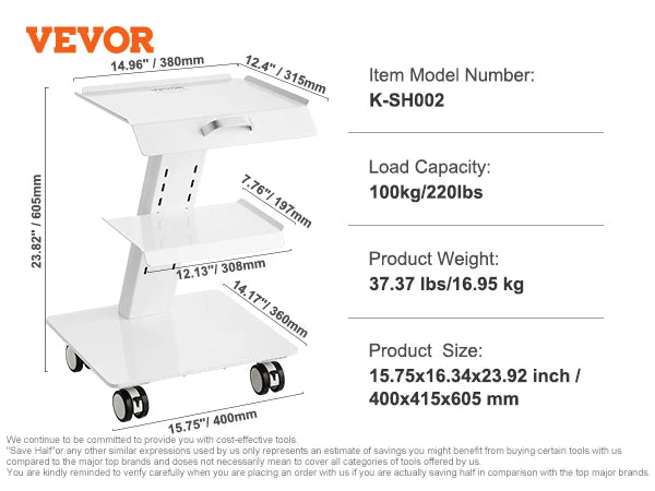 VEVOR Lab Trolley 3-Layer Rolling Cart Metal Mobile Trolley  220 lbs Weight Capacity for Lab Clinic Beauty and Salon
