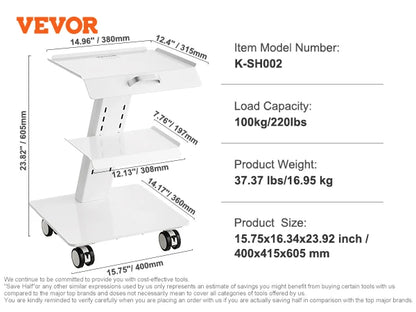 VEVOR Lab Trolley 3-Layer Rolling Cart Metal Mobile Trolley  220 lbs Weight Capacity for Lab Clinic Beauty and Salon
