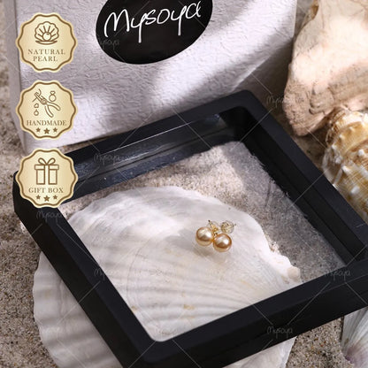 Mysoya Japan Akoya Cream Golden Pearl Stud Earrings 7-7.5mm S925 Gift Box Valentine's Day Birthday Gift For Her