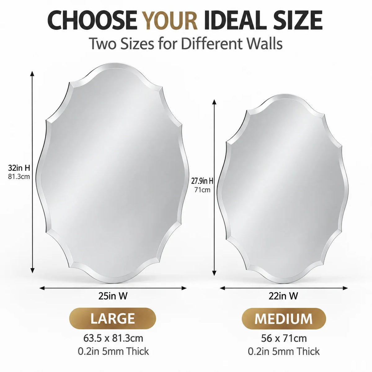 Irregular Wall Mirror Frameless Asymmetrical Decorative Vanity Mirror Wall Mounted for Bathroom Bedroom Living Room Hallway