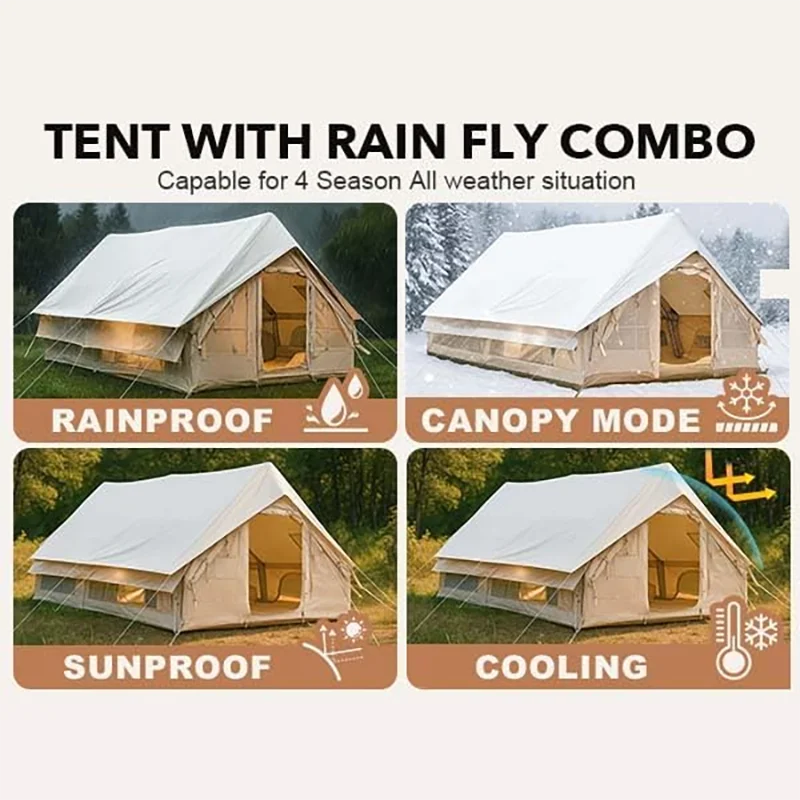 SENLEETO Inflatable Tent 129 Sq.Ft 420D Oxford Fabric Family Camping Air Tent with Rainfly Stove Jack AC Port and Manual Pump