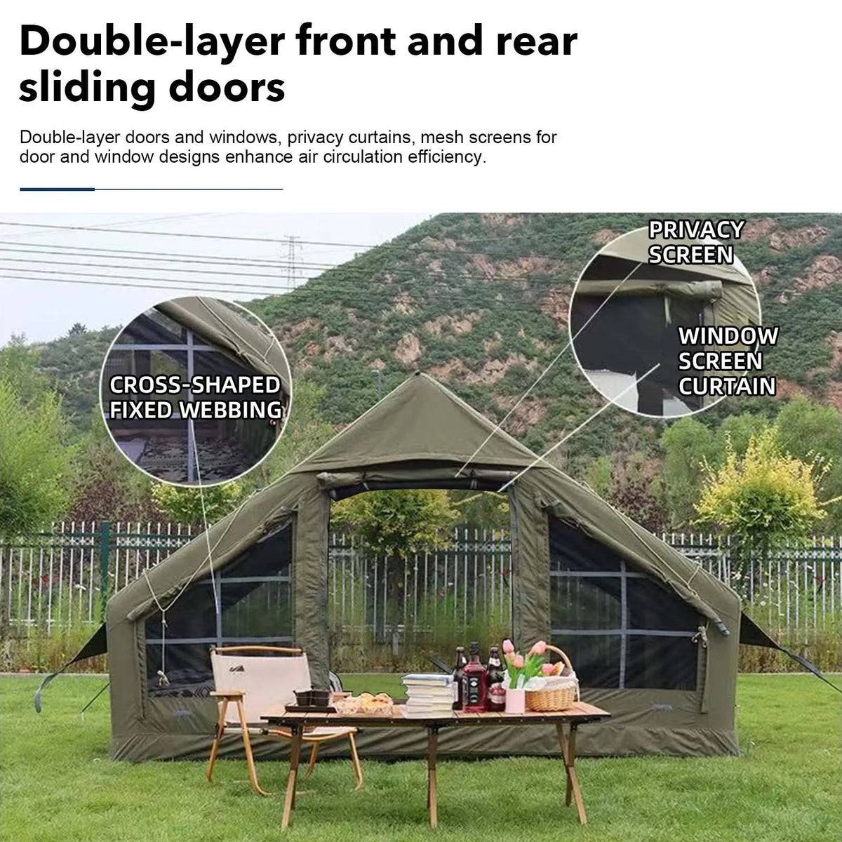 SENLEETO 129 Square Feet Inflatable Glamping Tent 4-8 Person for Camping with Waterproof Mat,4 Season Blow up Tent with Stove Jack&AC Vent,Easy Setup Air Tent with High Pressure Pump