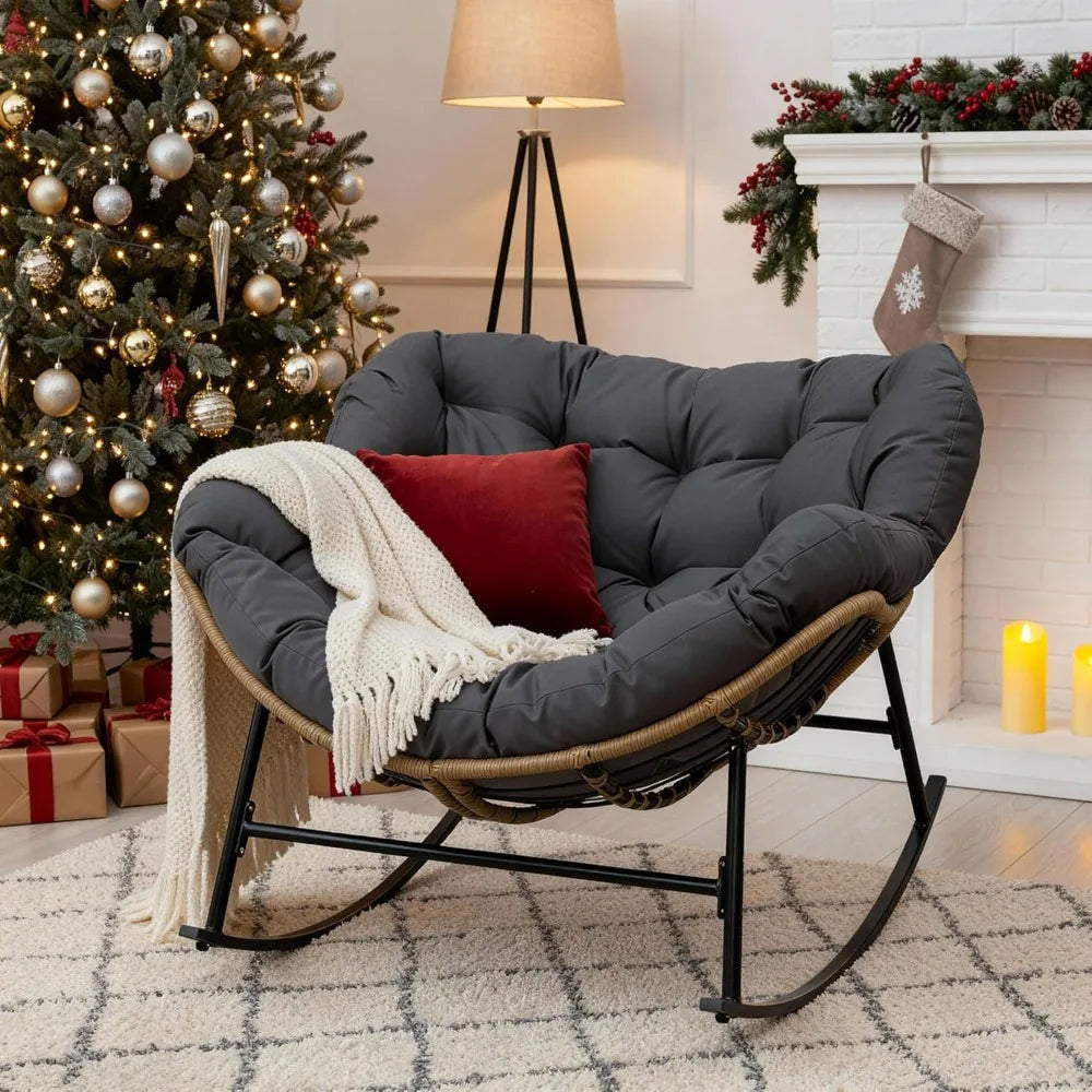 Outdoor Papasan Rocking Chair with Padded Cushion, All-Weather Patio Egg Rocker, Large Rattan Glider Indoor, Wide Cozy