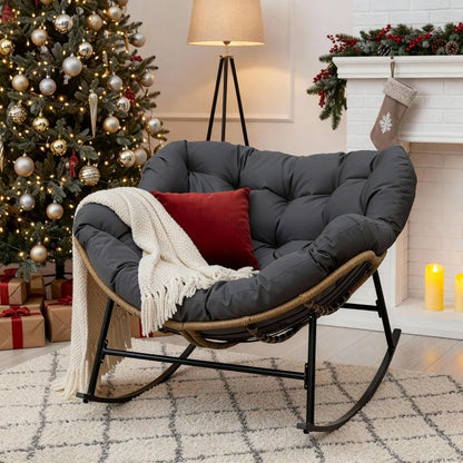 Outdoor Papasan Rocking Chair with Padded Cushion, All-Weather Patio Egg Rocker, Large Rattan Glider Indoor, Wide Cozy