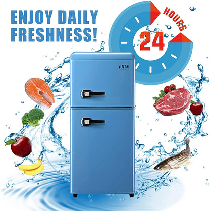 3.2 Cu.ft  Double Door Compact Refrigerator, Mini Fridge with Freezer, Retro Design Small Drink Chiller for Home, Office