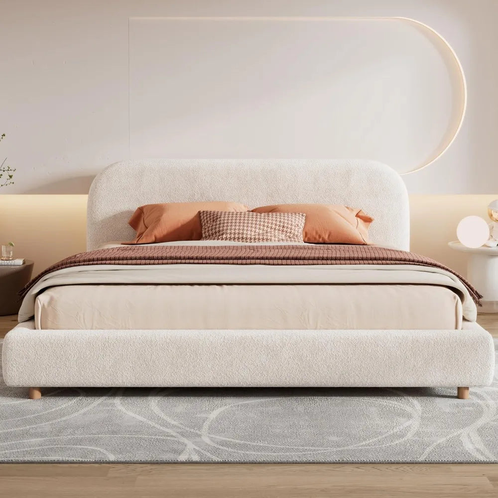 Merax King Size Teddy Fleece Thick Fabric Upholstered Platform Bed with Curved Shaped Headboard, Wood Bed Frame with Solid Round