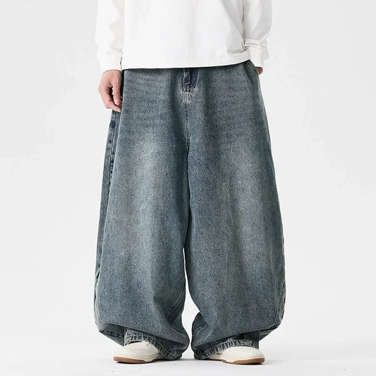 Men'S Plus Size Jeans Japanese Retro Hong Kong Style Jeans Loose Casual Wide Leg Pants Casual Pants Hip-Hop Pants
