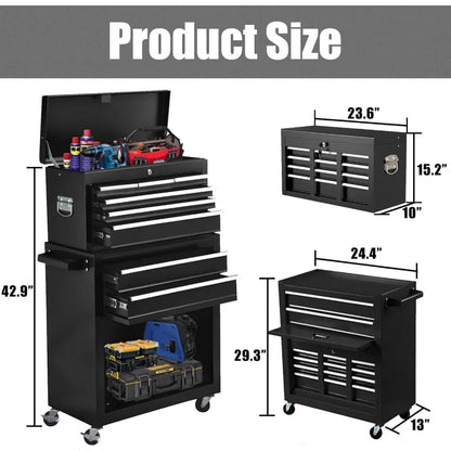 Tool Box Organizer with Lockable Wheels, Sliding Drawers, and Detachable Top, Garage Workshop Tool Storage Cabinet