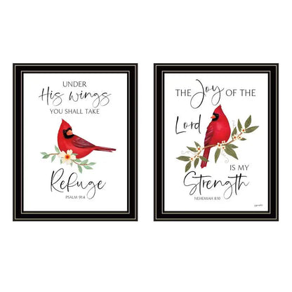 2-Piece Vignette Wall Art - "The Lord is My Strength" with Red Cardinals, Black Frame for Living Room and Bedroom Decor by