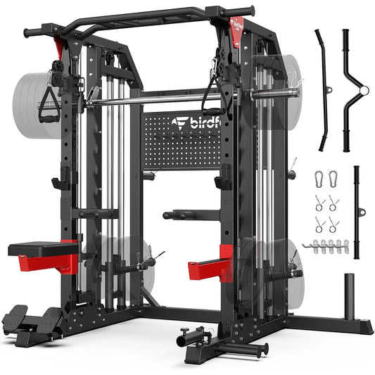 Pooboo Power Cage Multi-Function 2000LB Dual Pulley Cable Crossover | Home Gym Squat Rack Featuring LAT Pulldown, Power Rack & Strength Training Attachments, Pegboard