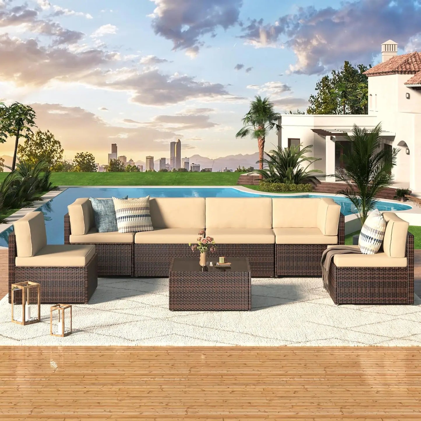 7 Piece Outdoor Patio Furniture Set, PE Rattan Wicker Sofa Set, Outdoor Sectional Furniture Chair Set  Brown