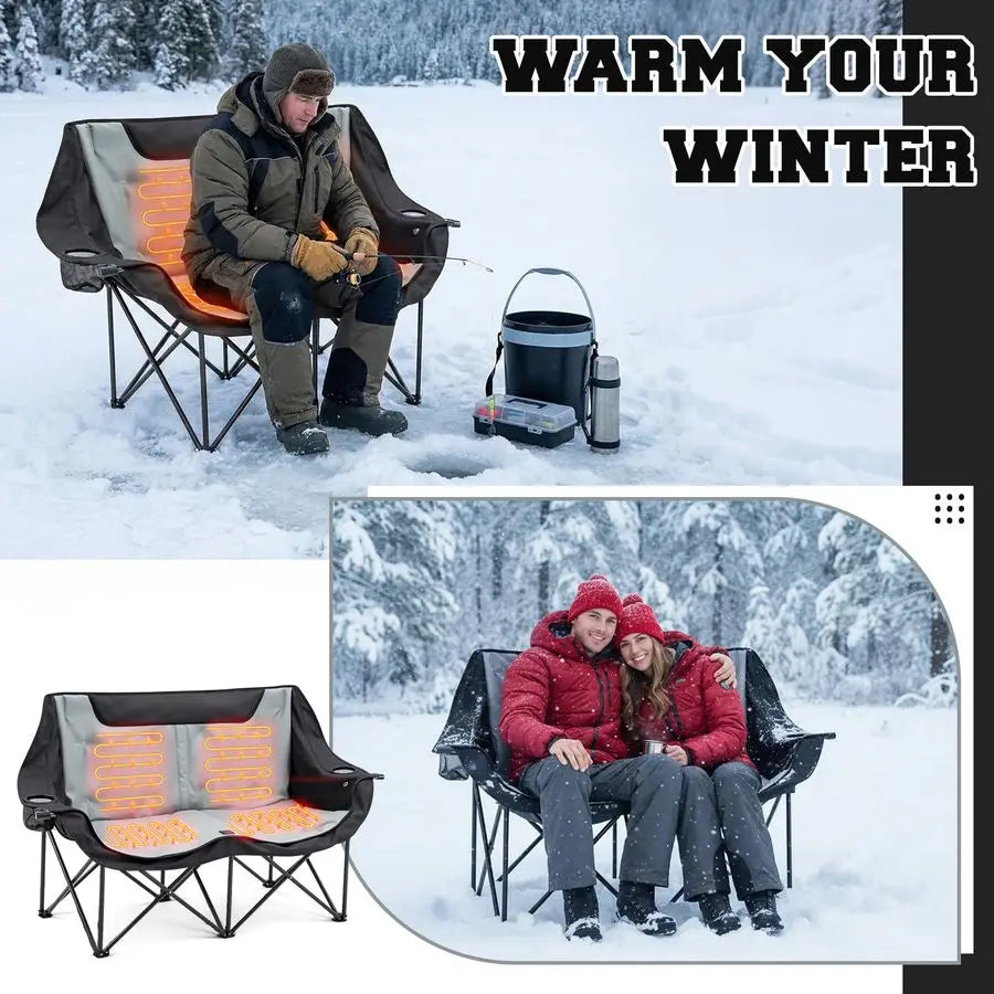 Double Heated Double Camping Chair for Adults, Oversized 660lbs Camping Chair with 4 Heating Zones amp 3 Heat Levels Folding Sea