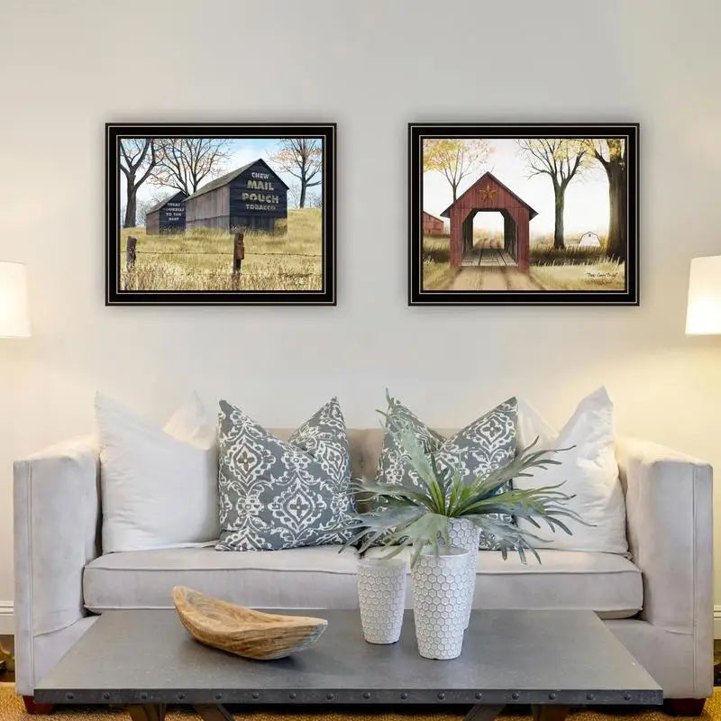2-Piece Vignette Mail Pouch Barn & Buck County Bridge Black Framed Wall Art for Living Room & Bedroom Decor by Artist Billy