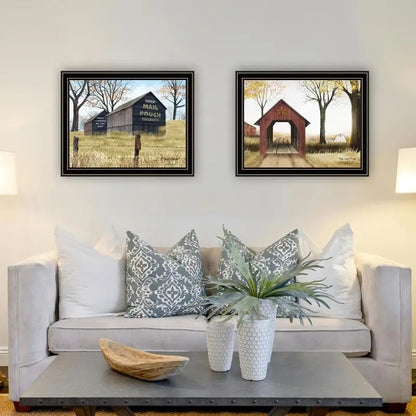 2-Piece Vignette Mail Pouch Barn & Buck County Bridge Black Framed Wall Art for Living Room & Bedroom Decor by Artist Billy