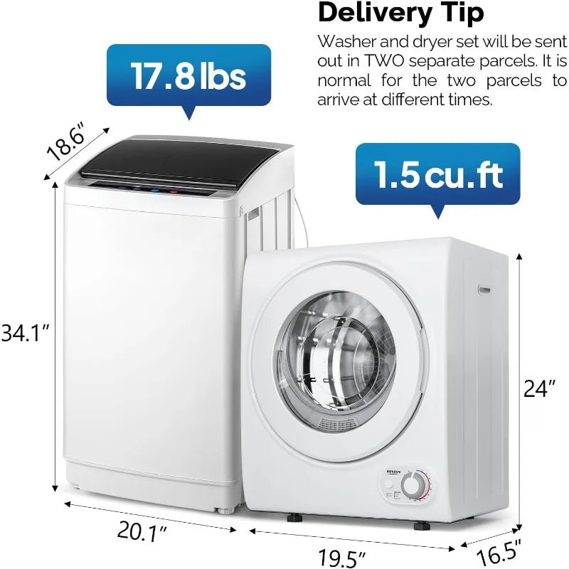 17.8LBS Full Automatic Washing Machine and 1.5CuFt Portable Clothes Dryer Set, Compact Laundry Washer and Dryer Combo