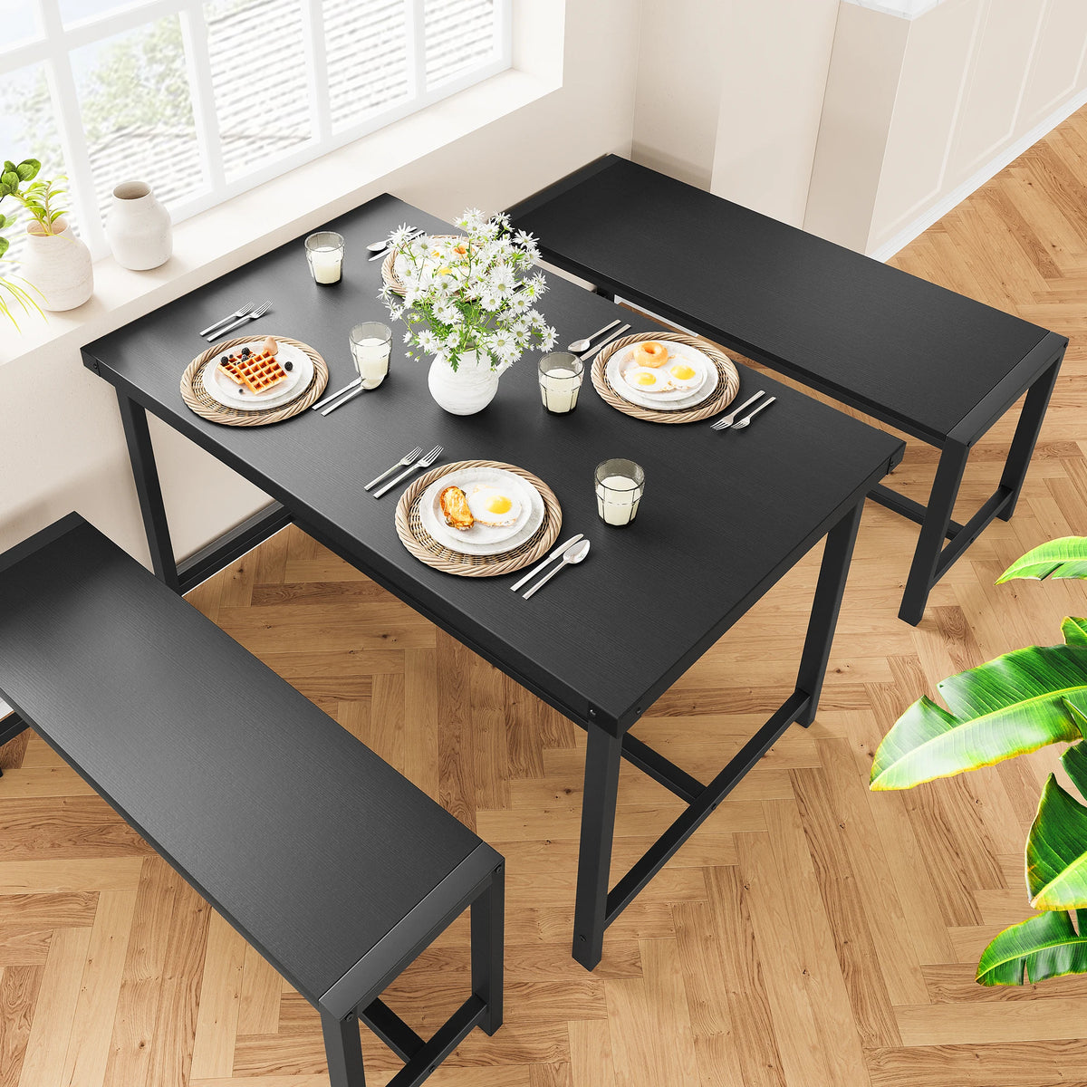 44.4'' Farmhouse Dining Table Set for 4, Kitchen Table Set with 2 Benches, Space-Saving Dinette, 3 Piece Industrial Breakfast Table Set for Small Space, Apartment, Rustic Brown/Black