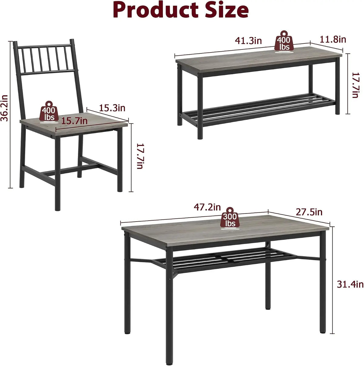 4-Piece Dining Table Set for 4 – Includes Bench & Chairs, Built-in Storage, Space-Saving Design for Apartments and Dining Rooms, Gray