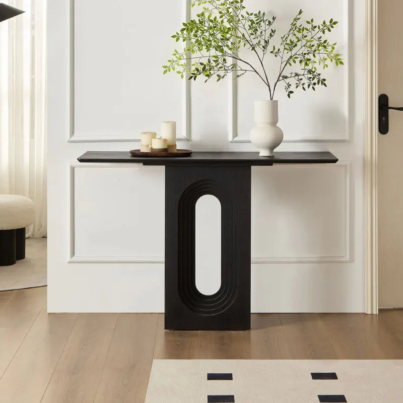 Black 47.24 inch living room small side table, entrance table, MDF， Narrow console table with circular design