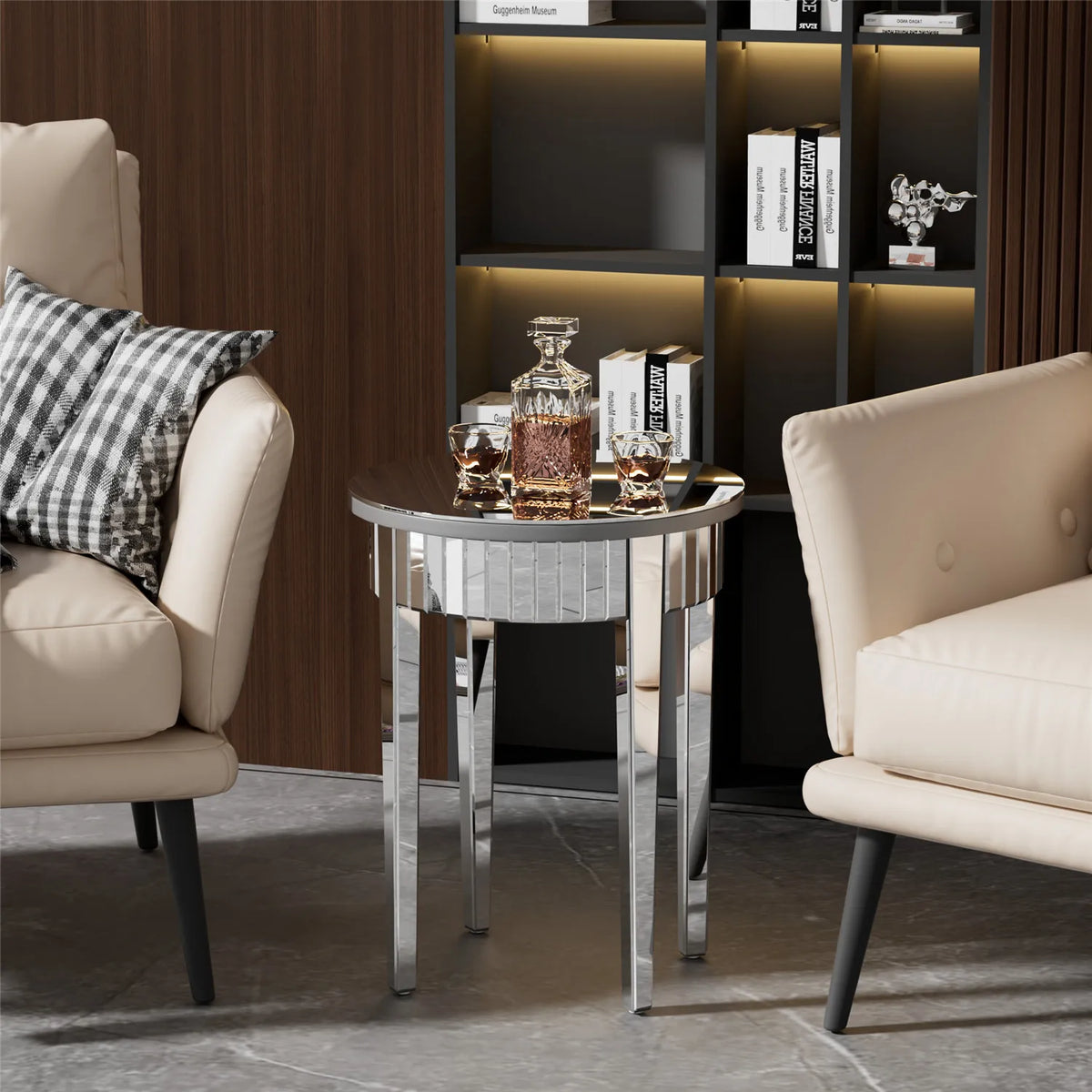 Round Side Table Mirrored, 2-Tier Modern Small Sofa Table with Storage, Silver Accent Table for Living Room
