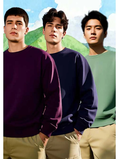 Three piece men's classic round neck sweatshirt set made of cotton blend, soft and comfortable, warm and perfect for daily